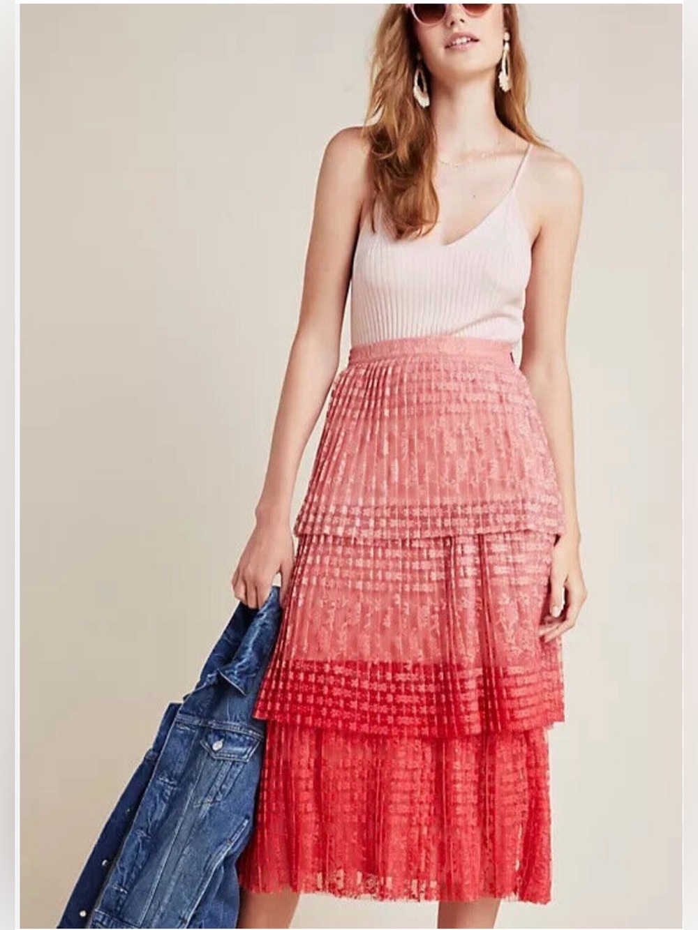 Maeve Pink to Red Ombre Pleated Maxi Skirt - Picture 3 of 6